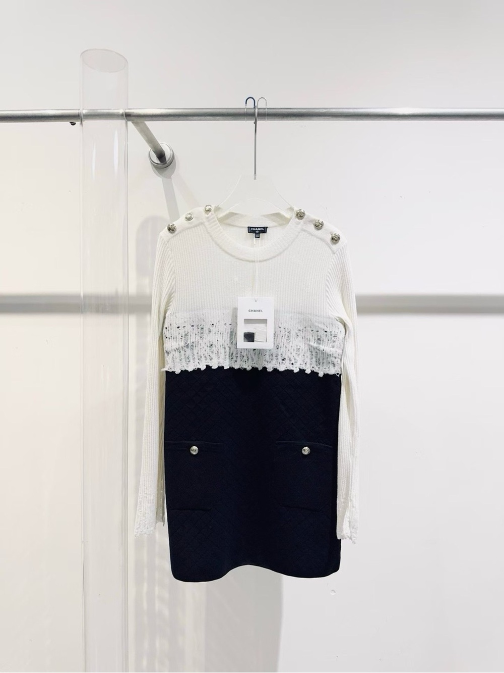 CHANEL White & Black Two-Tone Knit Dress-Top with Lace and Button Accents